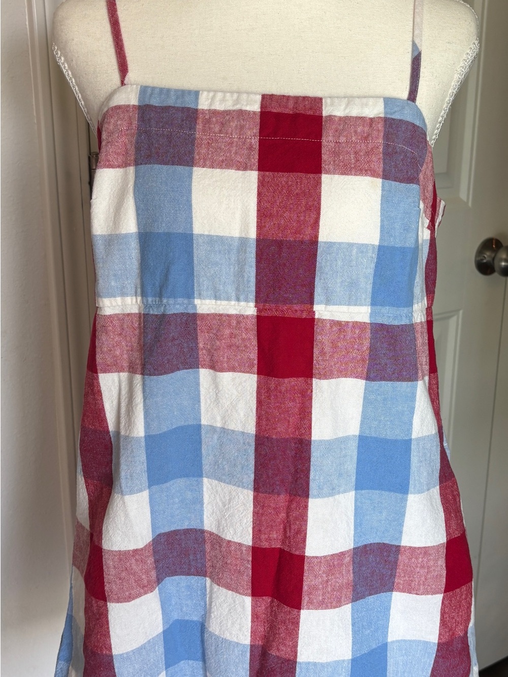 Red, Light Blue & White Plaid Spaghetti Strap Sundress